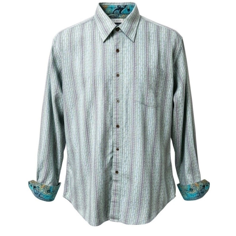 Robert Graham 2XL XXL Striped‎ Shirt Silk Trim Flip Cuff Paisley Embroidery